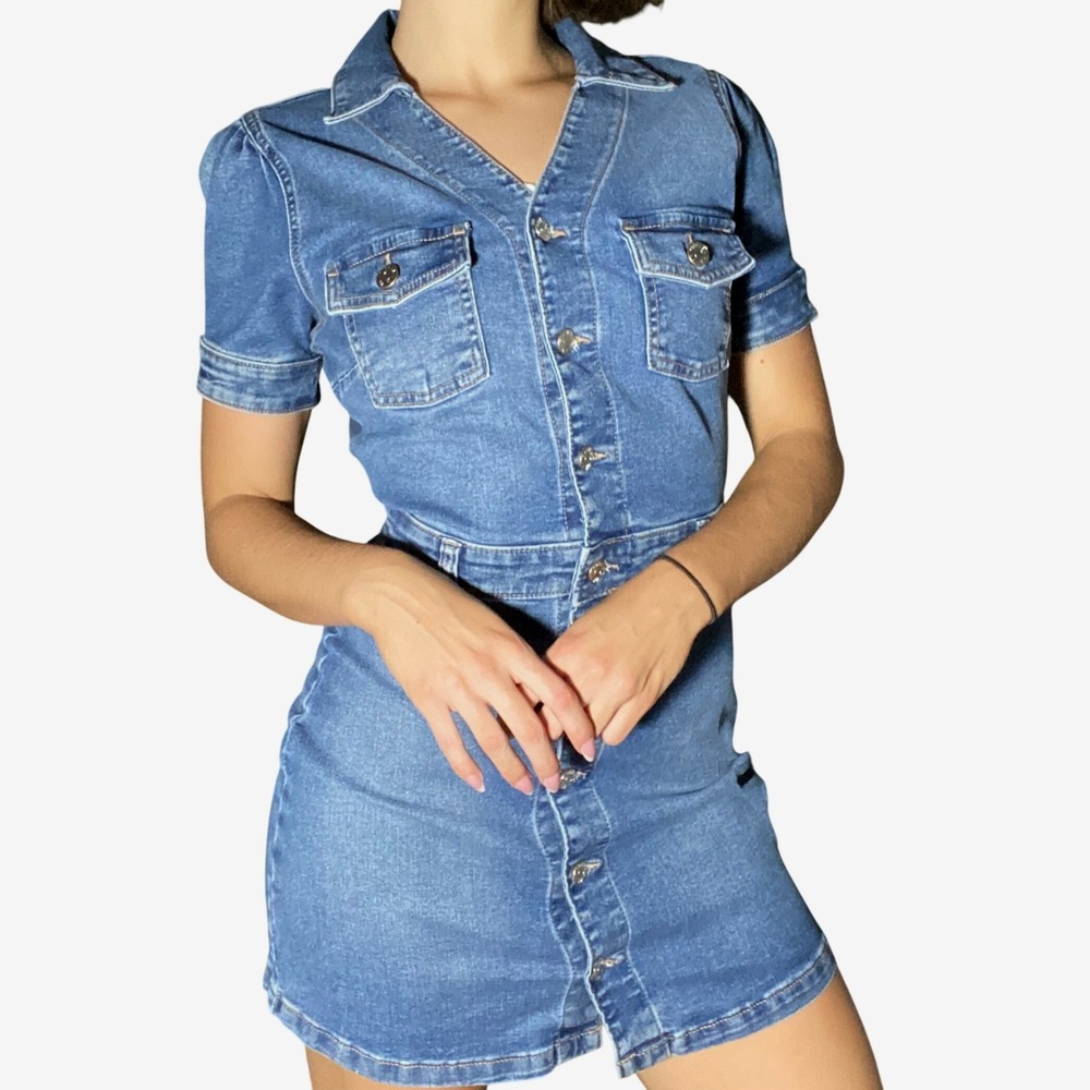 Western Downtown Cowgirl Blue Denim Mini Dress Americana Everyday Chic - Small